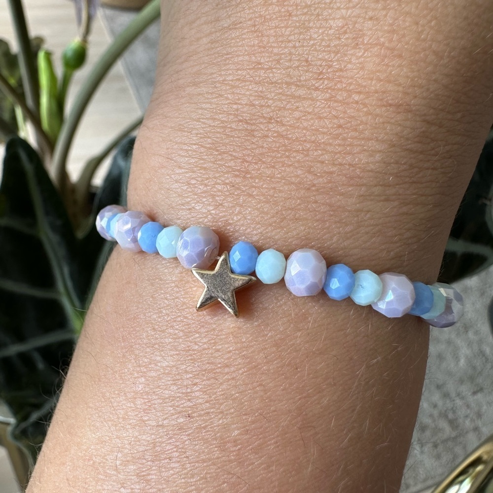 Beaded star bracelet, gold 14K plated charm bracelet, elastic